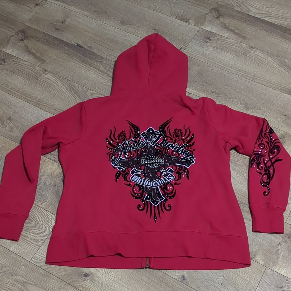 Harley Davidson Y2K Red Flocked Rhinestone Zip Up Hoodie Women's Sz XL - Picture 1 of 11